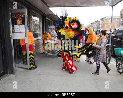 Lion Tänzer bringen Glück und Wohlstand zu chinesischen Unternehmen in eigenen Geschäften in den Bensonhurst Abschnitt von Brooklyn auf Chinesisches neues Jahr, 2017. Stockfoto