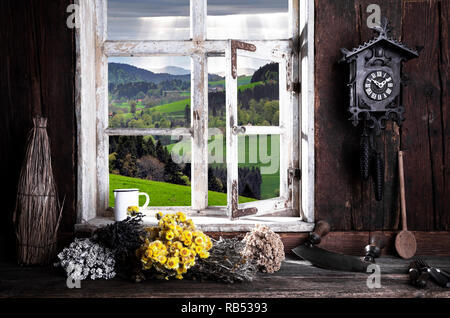 Bauernstube mit Blick durch das Fenster Stockfoto