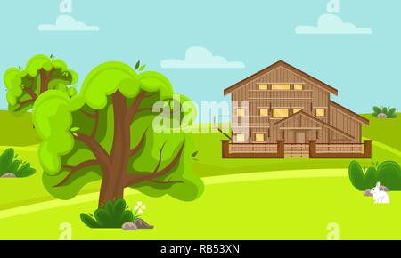 Frühling Landschaft Landschaft. Sonnigen Tag am See. Gemütliches Chalet. Flache Cartoon Stil. Stock Vektor