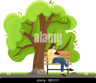Frühling Baum. Mädchen das Lesen eines Buches auf einer Bank. Isolierte Bild. Sonnigen Tag. Flache Cartoon Stil. Stock Vektor