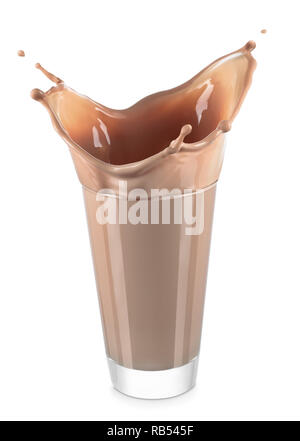 Schokolade Milch in Glas mit Spritzen auf weißem Hintergrund Stockfoto