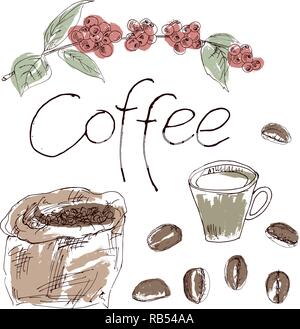 Kaffee Set hand gezeichnete Skizze Tinte. Dekorativer Hintergrund mit Kaffee Skizze für Restaurant oder Cafe. Vector Illustration Stock Vektor