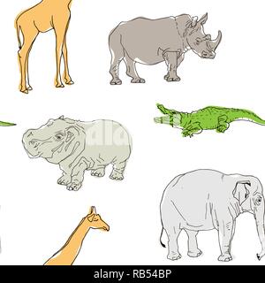 Seamless pattern of wild animals. Crocodile, hippopotamus, giraffe, rhinoceros and elephant are painted by hand. Vector illustration Stock Vektor