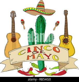 Eine Grußkarte von Cinco de Mayo mit Buchstaben, Kaktus, Hut, Gitarre ist von Hand gezeichnet. Mexikanische traditionelle Elemente. Vector Illustration Stock Vektor