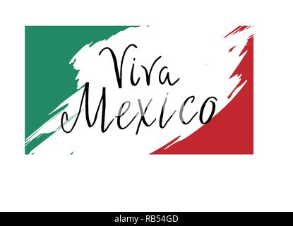 Grußkarte von Viva Mexico mit Buchstaben in nationalen mexikanischen Farben von Hand gezeichnet. Mexikanische traditionelle Elemente. Vector Illustration Stock Vektor