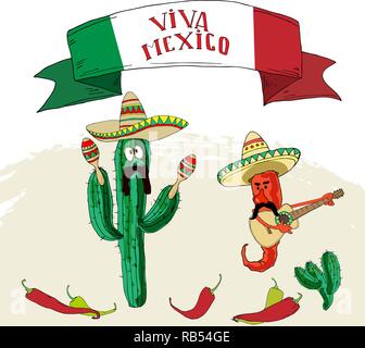 Grußkarte von Viva Mexico mit Buchstaben, Kaktus, Hut, Gitarre ist von Hand gezeichnet. Mexikanische traditionelle Elemente. Vector Illustration Stock Vektor