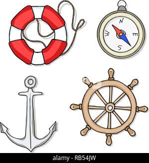 Vektor mit isolierten Anker, Rettungsring, Rad, Kompass. Marine, nautische, Meer, Ozean. Hand gezeichnete Objekte sind über einem weißen backgro gegossen Stock Vektor