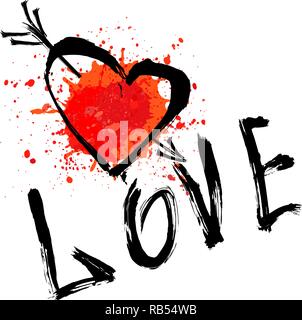 Vector schwarz, weiße Grafik grunge Abbildung: Schriftzug Liebe und Herz mit Pfeil auf weißem Hintergrund. Hand Farbe Textur gezeichnet Stock Vektor