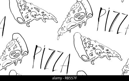 Nahtlose Muster von Pizza Scheiben und Beschriftung. Pizza Hintergrund in den Händen gemalt. Vector Illustration Stock Vektor