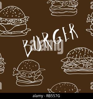 Nahtlose Muster der Burger und der Schriftzug. Burger Hintergrund in den Händen gemalt. Stock Vektor