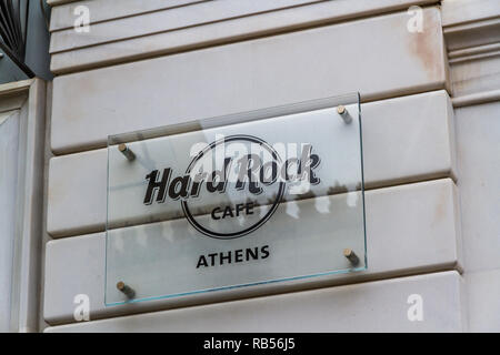 Athen, Griechenland - 27. Oktober 2018: Hard Rock Cafe unterzeichnen. Stockfoto