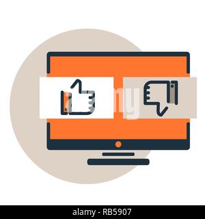 Vektor Symbol der guten und schlechten Bewertungen Überwachung. Daumen nach oben und unten die Symbole auf dem Monitor. E Commerce Marketing und smm cervice Symbol. Trendy flache Linie Design Stock Vektor