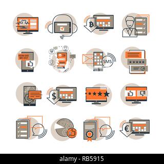 Vektor einrichten von SEO Targeting, Leistung, Überwachung Symbole. Suche und Überprüfung der Ergebnisse der Analyse Symbole. E Commerce Marketing und Support cervice Symbole. Stock Vektor