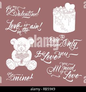 Sammlung der romantischen Bürste Schriftzug Phrasen mit Teddybär und Valentine kuchen Skizze. Stock Vektor