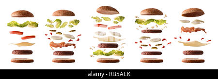Satz von verschiedenen Burger mit Zutaten, die für die Schichten auf weißem Hintergrund isoliert voneinander getrennt. Vorderansicht. Horizontale Komposition. Stockfoto