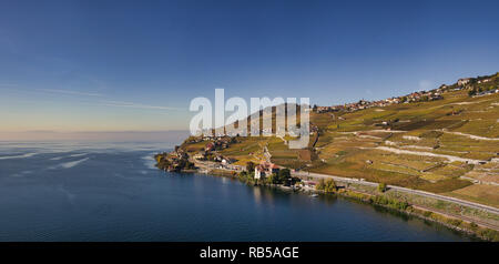 Die Schweizer Winzer Dorf Puidoux über dem Genfersee im UNESCO Weltkulturerbe Bereich des Lavaux aus der Luft in eine Drohne foto zu sehen Stockfoto