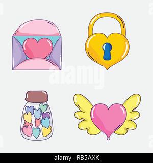 Liebe Karte mit Herz Vorhängeschloss und cadies Flasche Stock Vektor