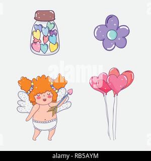 Set Bonbons Flasche mit Amor und Herzen Luftballons Stock Vektor