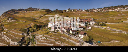 Die Schweizer Winzer Dorf Puidoux über dem Genfersee im UNESCO Weltkulturerbe Bereich des Lavaux aus der Luft in eine Drohne foto zu sehen Stockfoto