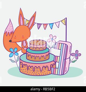Happy birthday Fox drei Jahre mit Kuchen Stock Vektor