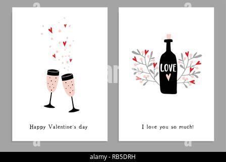 Einstellen der Valentinstag oder Hochzeit Grußkarten, Einladungen. Hand gezeichnet Weingläser, Flasche Champagner und Konfetti Sterne. Handlettered Text. Isolierte Vektorgrafiken, weisser Hintergrund. Stock Vektor