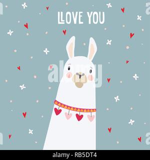 Cute Geburtstag oder Valentinstag Grußkarte, Einladung. Hand weiß Lama Tier mit fallenden Blüten und Herzen Konfetti gezeichnet. Vector Illustration Hintergrund. Stock Vektor