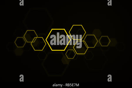 Hochauflösende 2-in-1-gelben Sechsecke, bienenstock Wabendesign Kunst und Design auf schwarzem Hintergrund. Stockfoto