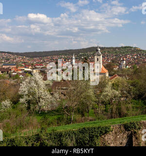 Im Tal unten Corvin Burg ist die Stadt Hunedora, Rumänien mit mehreren prominenten Kirchen Stockfoto