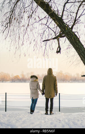 Thema Liebe und aktive Erholung auf rustikalen Charakter. Junges Paar kaukasischen Kerl und ein Mädchen stehen wieder im vollen Wachstum Hand in Hand im Winter auf Schnee pier overlo Stockfoto