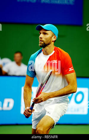 Pune, Indien. 5. Januar 2019. Ivo Karlovic von Kroatien in Aktion in singles Endrunden von Tata Open Maharashtra ATP Tennis Turnier in Pune, Indien. Stockfoto