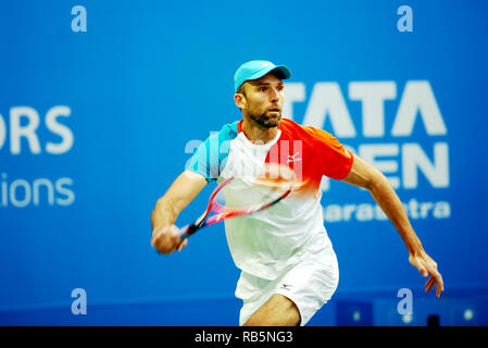 Pune, Indien. 5. Januar 2019. Ivo Karlovic von Kroatien in Aktion in singles Endrunden von Tata Open Maharashtra ATP Tennis Turnier in Pune, Indien. Stockfoto