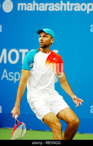 Pune, Indien. 5. Januar 2019. Ivo Karlovic von Kroatien in Aktion in singles Endrunden von Tata Open Maharashtra ATP Tennis Turnier in Pune, Indien. Stockfoto