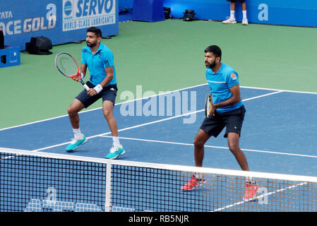 Pune, Indien. 5. Januar 2019. Divij Sharan und Rohan Bopanna in Aktion im Doppel Finale bei Tata Open Maharashtra in Pune, Indien. Stockfoto