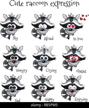 Vektor einrichten von cute cartoon Waschbär mit verschiedenen Ausdrücke Stock Vektor
