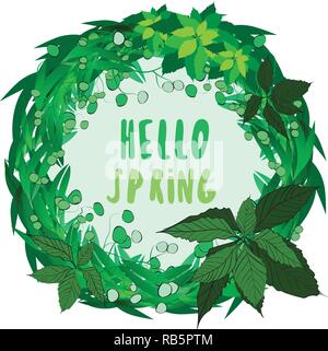 Vektor runden Rahmen von Gras, Blätter und Beeren mit Hallo Frühling Text innerhalb Stock Vektor