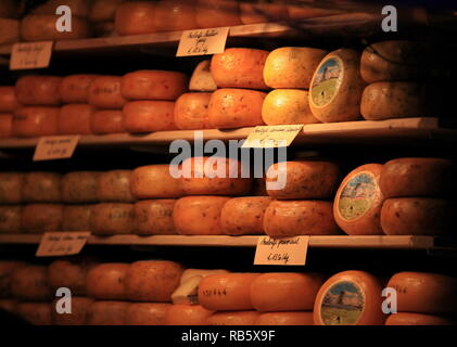 Runde Käse Köpfe in den Regalen der belgischen Käse shop Stockfoto