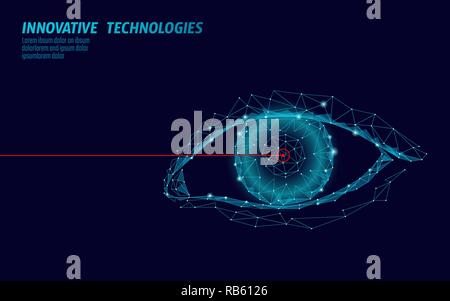 Augenlaser 3D medizinisches Konzept. Abstrakte menschliche Iris moderne Operation Chirurgie Technologie Low Poly. Dreiecke polygonalen rendering Form biometrische Identität Vector Illustration Stock Vektor