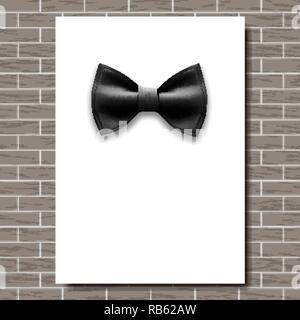 Bow Tie Poster Vektor. Leeres weisses A4. Schwarze Fliege. Classic Satin Butterfly. Für Text platzieren. Brick Wall. Vertikale. Realistische Darstellung Stock Vektor