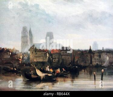 Rouen. Ölgemälde, die ein Fluss Szene der Stadt Rouen auf der Seine, Frankreich. Von Richard Parkes Bonington (1801-1828) ein Englisch-geboren romantische Landschaftsmaler. Stockfoto