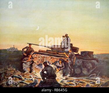 Panzers in der Ruhe des russischen Steppen von Franz Eichhorst (b. September 7, 1885 in Berlin, gestorben April 30, 1948, Innsbruck) war ein deutscher Maler, Kupferstecher und Illustrator, einer Anzahl von deutschen Künstlern bekannt für seinen Krieg Gemälde das NS-Regime zu unterstützen. In 'Die Kunst im Deutschen Reich" (Kunst im Deutschen Reich Veröffentlicht) wurde im Januar 1937 von Gauleiter Adolf Wagner veröffentlicht und später unter der Leitung von Adolf Hitler selbst ausgestellt. Stockfoto