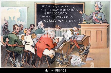 Berechnen Sie von Udo Keppler, 1903. Klassenzimmer Szene mit Herrscher von mehreren Ländern als Studenten: "Rußland" (Nikolaus II.), "Deutschland" (Wilhelm II.) und England (John Bull), und in der vorderen Reihe, "Österreich" (Franz Joseph I), "Frankreich" (Emile Loubet), Uncle Sam, Japan (Meiji, Kaiser von Japan), und Italien (Victor Emmanuel III.), und auf der linken Seite, ist "Türkei" das Tragen eines 'unce' cap. Der Lehrer mit der Bezeichnung 'Diplomacy', an der Stirnseite des Raumes, weist auf eine Tafel, auf der geschrieben" ist, wenn der Burenkrieg kosten Großbritannien $ 825,000,000, was Krieg kosten ist eine Welt würde?' Stockfoto