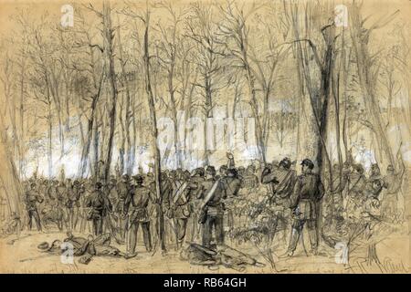 Genl. Wadsworths Division in Aktion in der Wüste, in der Nähe der Stelle, wo der General von Alfred Waud, 1828-1891 getötet wurde, Künstler Veröffentlicht 1864 Stockfoto