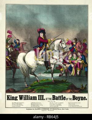 König Wilhelm III. in der Schlacht von Boyne auf dem Pferderücken führenden Truppen in die Schlacht. 1874 Abbildung. Die Schlacht am Boyne 1690 zwischen rivalisierenden Antragsteller der Englischen, Schottischen und Irischen Throne, in der Nähe von Drogheda an der Ostküste von Irland. Die Schlacht, die von William gewonnen, und halfen, die Fortsetzung der Protestantischen Vorherrschaft in Irland zu gewährleisten. Stockfoto