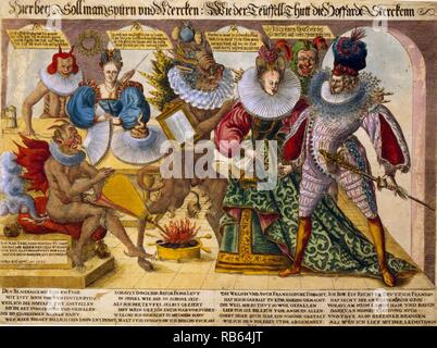 Hierbey sollman spA 1/4 rn, von Hieronymus NA 1/4 tzel, ca. 1590, Allegorie der Eitelkeit (Überheblichkeit) mit fünf Daemon - wie Figuren, ein Mann und eine Frau mit aufwendigen Kragen. Stockfoto