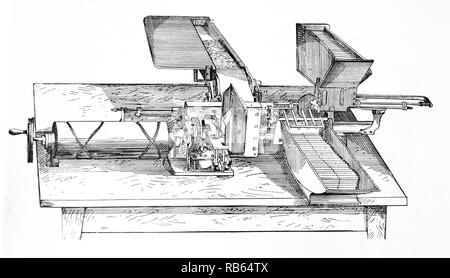 Zigarette making-Maschine von der Levante Zigarettenfabrik, St Mary Axe, London verwendet. Von "Royal Album der Künste nd Branchen von Großbritannien'' Stockfoto