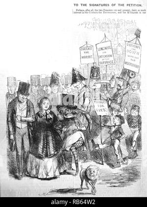 Chartismus: Wie die Charttechnische Prozession möglicherweise ausgesehen haben, mit Herrn Punch, Queen Victoria und der Herzog von Wellington, gefolgt von anderen bedeutenden citzens. John Leech Cartoon von ''Punch'', London, 1848. Stockfoto