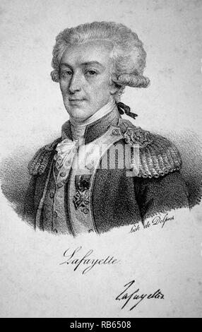 Marie-Joseph Paul Yves Roch Gilbert du Mortier, Marquis de La Fayette (1757-1834), in der Regel bekannt als Lafayette. Französischen Aristokraten und Soldat. Ein General im Amerikanischen Unabhängigkeitskrieg. Lithographie, Paris, 1832. Stockfoto