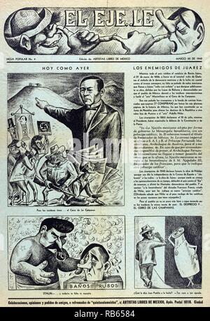 Hoy como Ayer; Los enemigos de Juarez, 1942. Breitseite zeigt drei Cartoons. Erste schildert Benito Juarez; Symbol der Demokratie, die auf eine Masse von Nazis in Richtung der Hügel der Glocken (wo ein erschießungskommando getötet Erzherzog Ferdinand Maximilian; am 19. Juni; 1867). Zweite ist in ein russisches Dampfbad, wo Joseph Stalin sagt Adolf Hitler, dass seine Massage noch bevorstehenden ist. Dritte ist ein Kommentar auf den hohen Preis und Qualität der Milch. Es bezieht sich auf den Idealen der Demokratie als verlobt und im Gedächtnis von Benito Juarez verkörpert ist und wie diese durch faschistische Elemente bedroht. Stockfoto