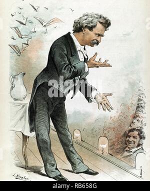 Mark Twain; America's Best Humorist von J. Keppler 1838-1894; Artist c 1885. Drucken zeigt Mark Twain; full-length Portrait; Rechts; auf der Bühne stehen; Gespräch mit Publikum. Stockfoto