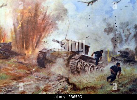 Deutscher Zweiter Weltkrieg Postkarte mit einem Angriff von deutschen Stuka-Flugzeuge auf russische Panzer Stockfoto